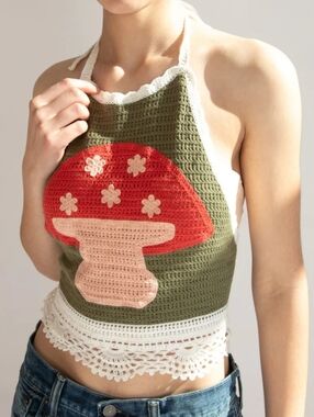 Crochet Mushroom Halter Top In Olive Size Small